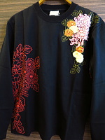 和柄枝垂れ菊葉柄刺繍 和柄長袖Tシャツ